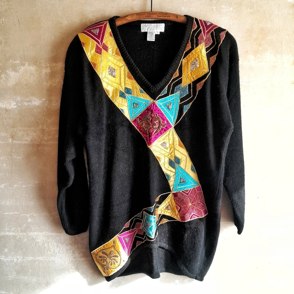 The Limited Sweaters - 348a. black vintage The Limited v-neck beaded silk angora blend 80s sweater, M